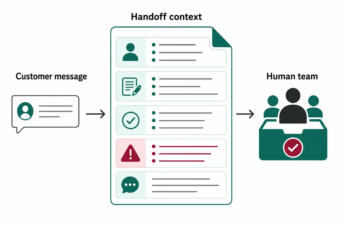 Customer support handoff with the original message, collected details, escalation reason, and conversation summary