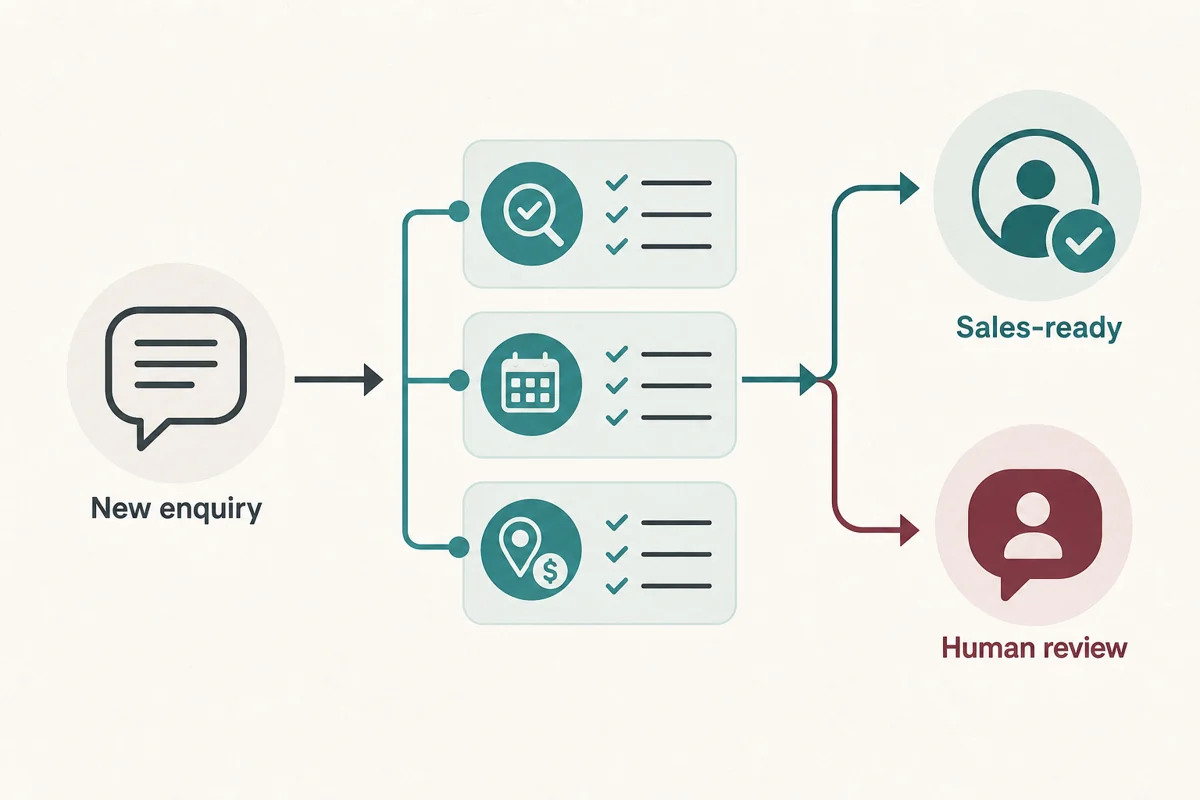 New sales enquiry moving through qualification signals to a sales-ready lead or human review