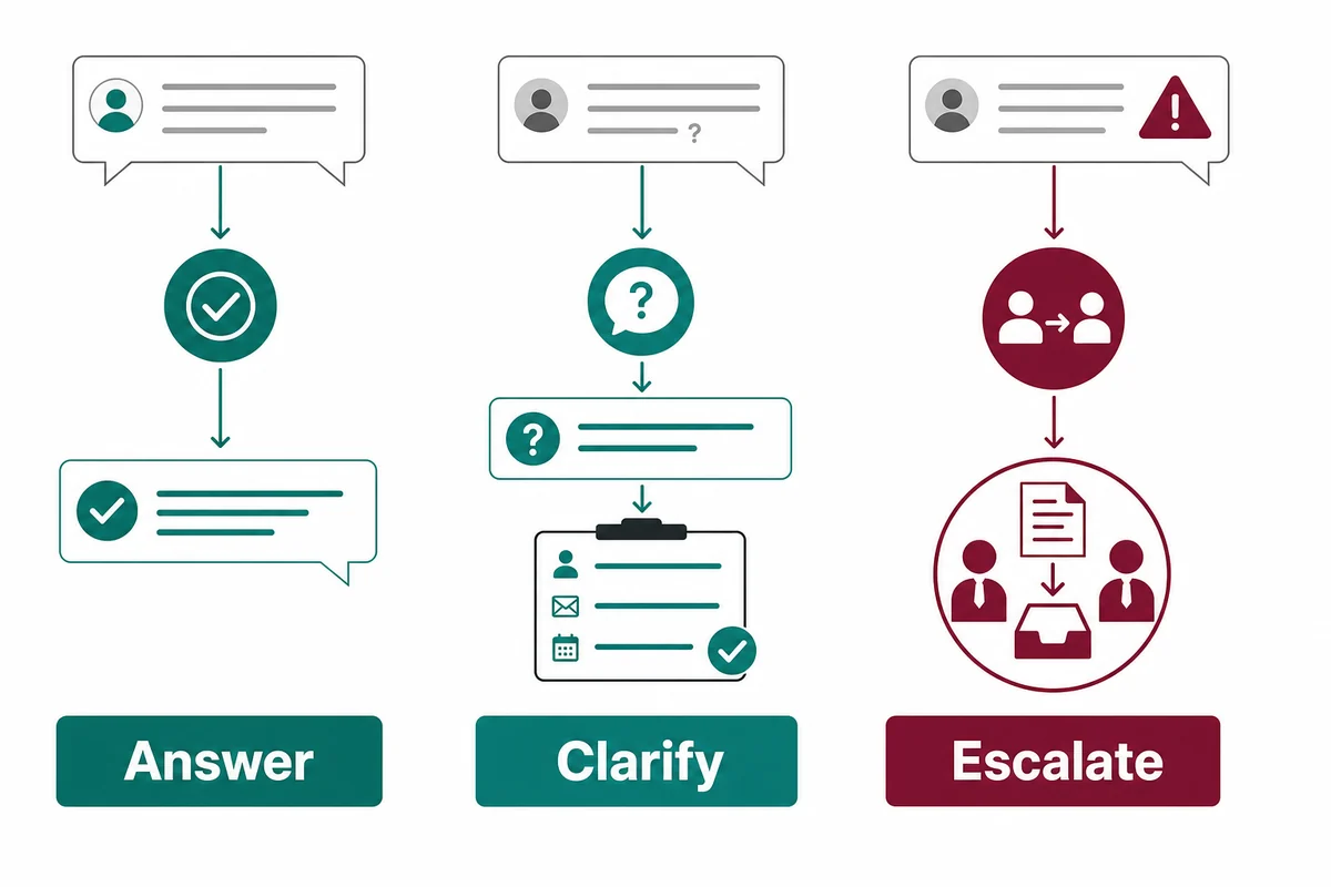 AI support assistant routes customer questions through approved answers, clarification, or human escalation