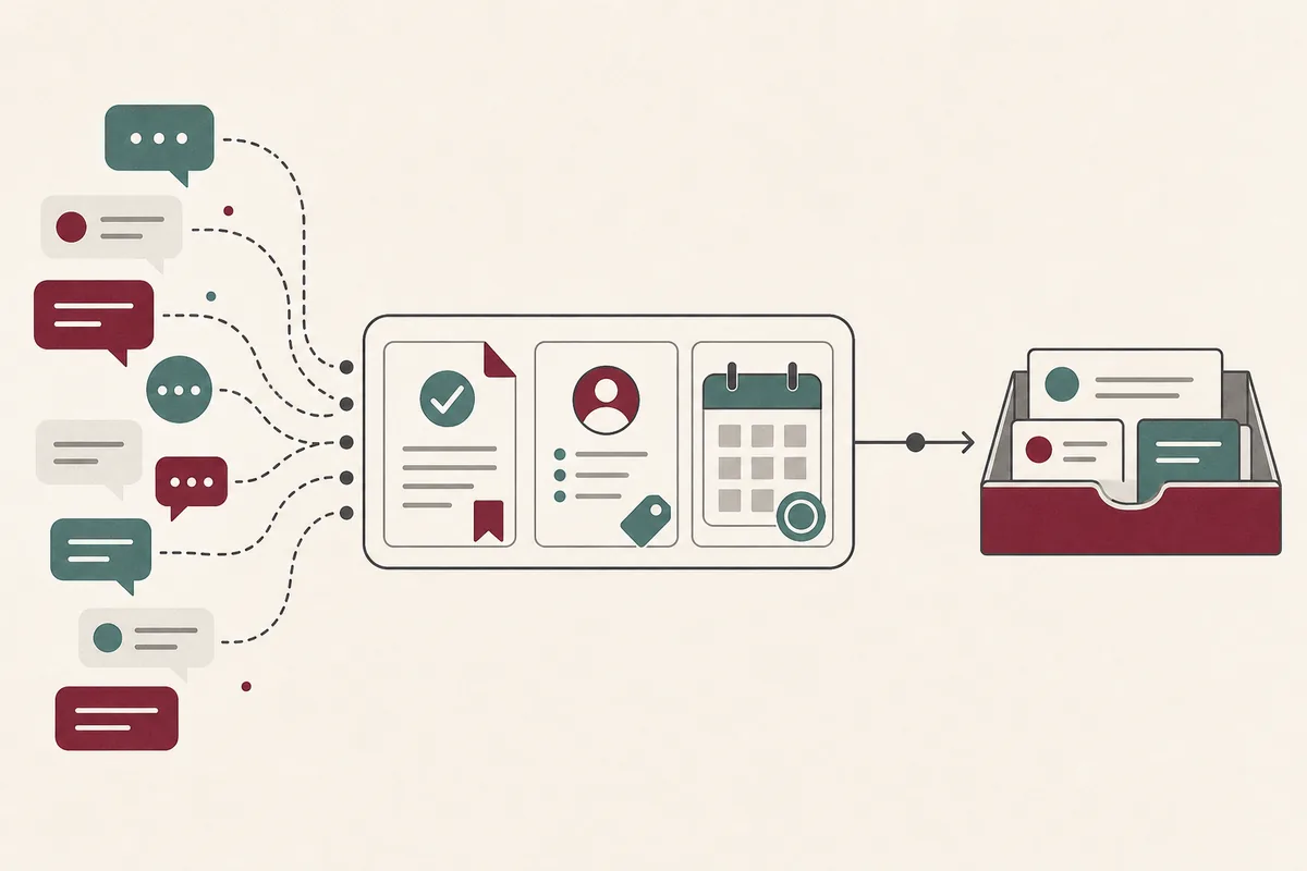 Social messages becoming an approved knowledge, customer context, and calendar bundle before reaching the team