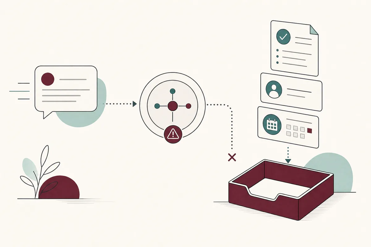 A customer message reaching a decision point before a verified context packet is handed to a team tray