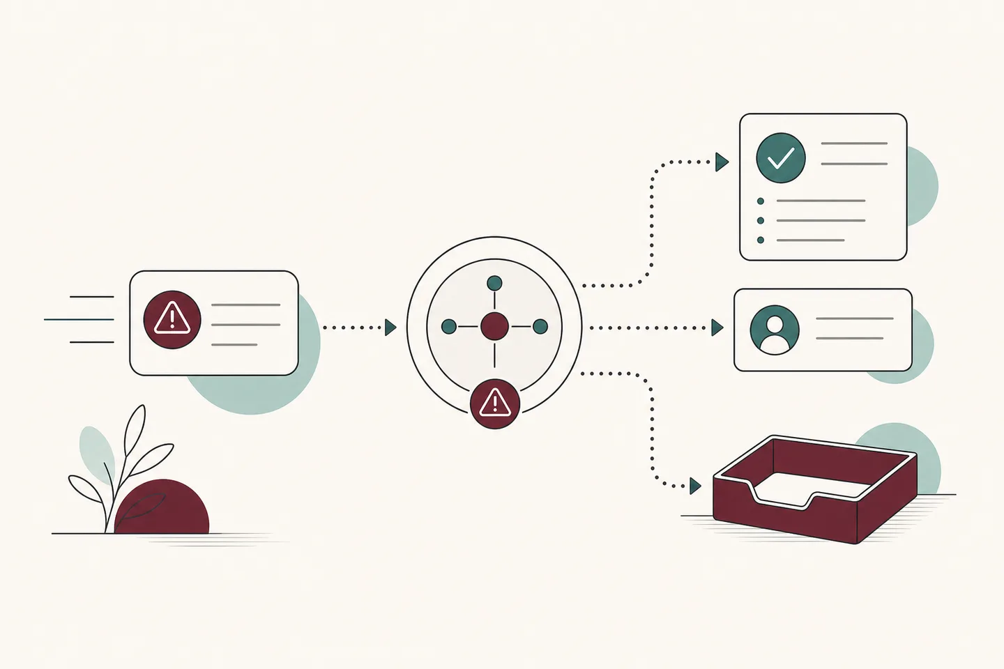 A task folder, alert card, approval marker, and contact note arranged for a human handoff.